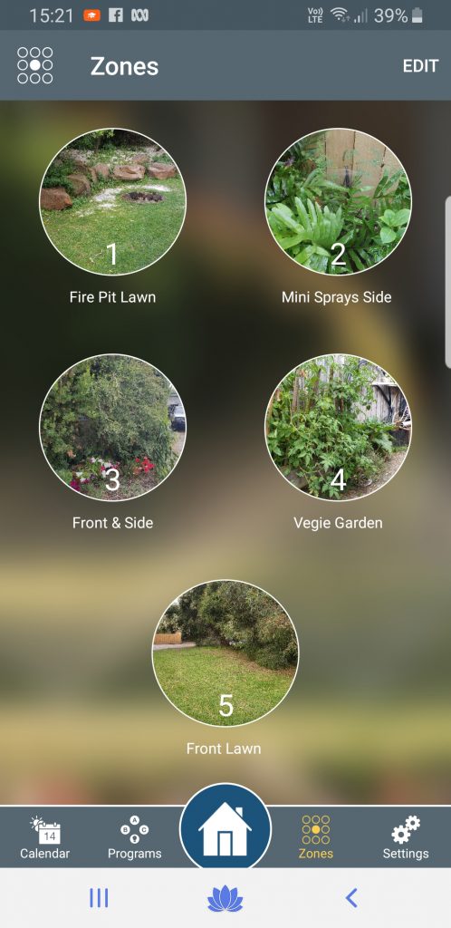 Phone screenshot of smart watering app showing images of zones
