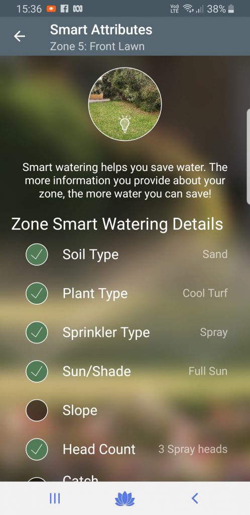 moble screenshot of irrigation controller app showing smart watering details