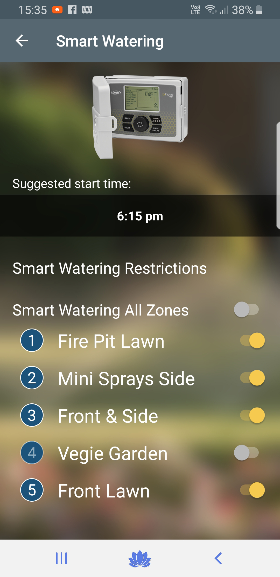 mobile screenshot of smart watering app showing zones